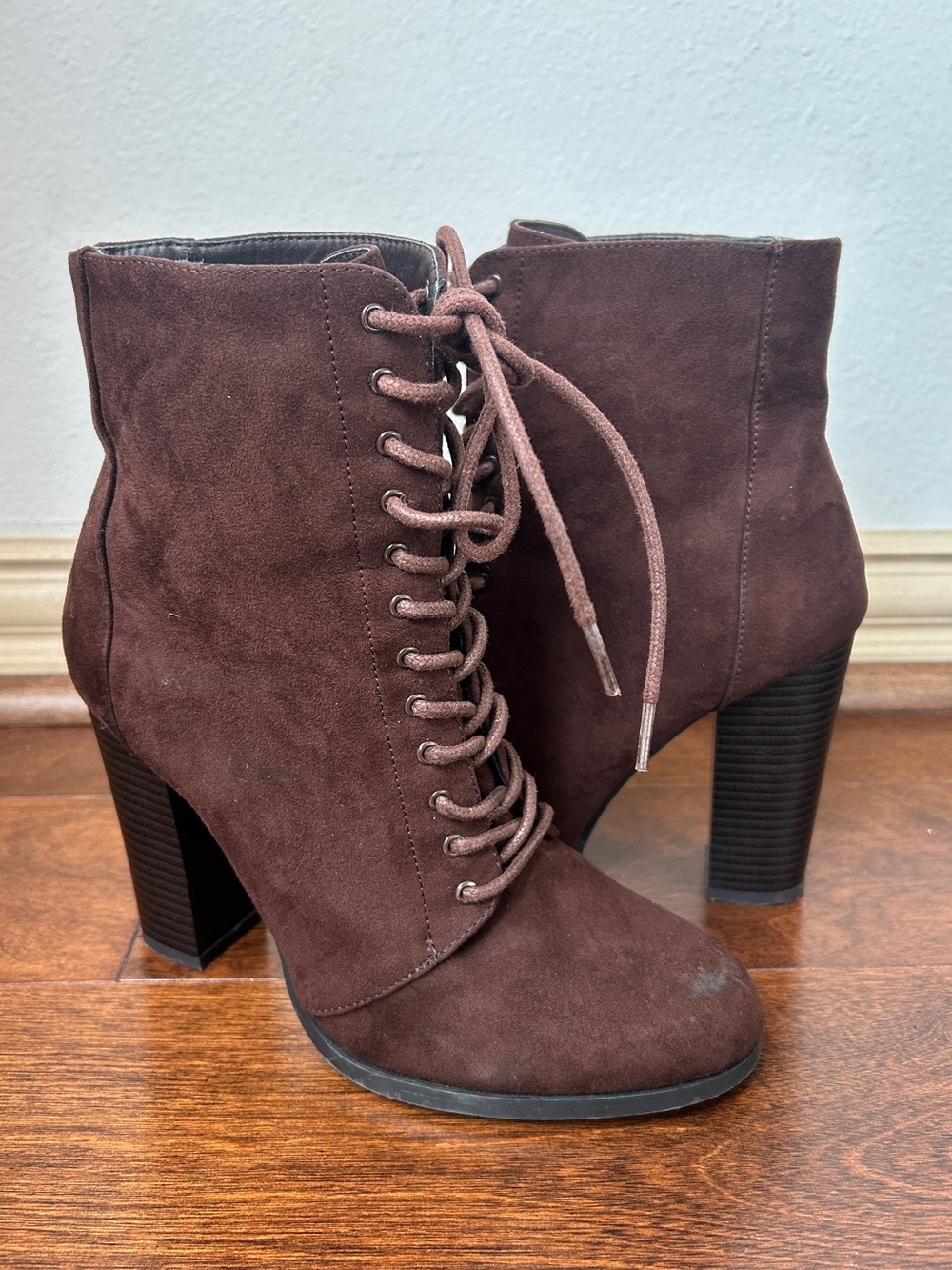 Brown suede lace up boots with block heel